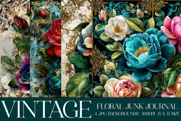 Luxury Floral Flowers Backgrounds, S42: Vintage Junk Journal Patchwork